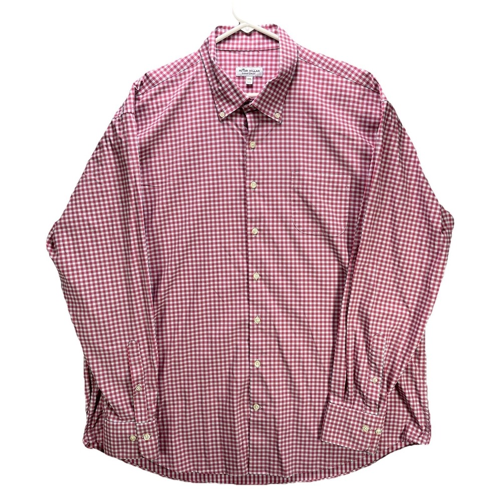 Peter Millar Summer Comfort Shirt Mens 2XL Red White Check Button Long Sleeve